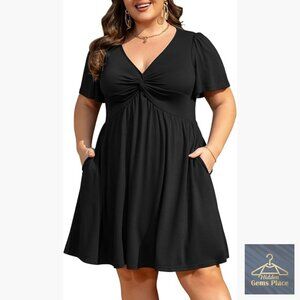 Plus Size Summer Dress with Pockets V Neck Twist Knot Front Flowy Midi